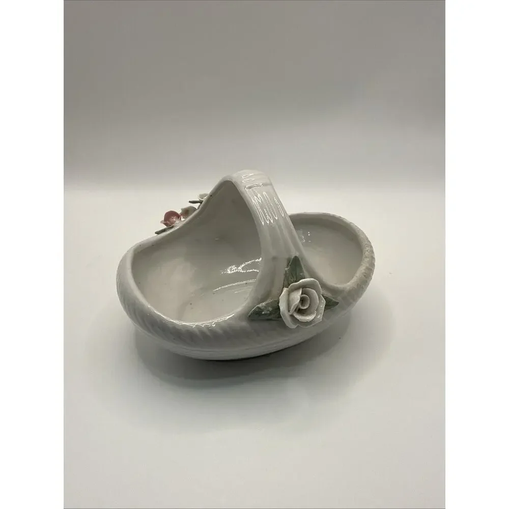 White Porcelain Basket with Pink & White Roses 5”